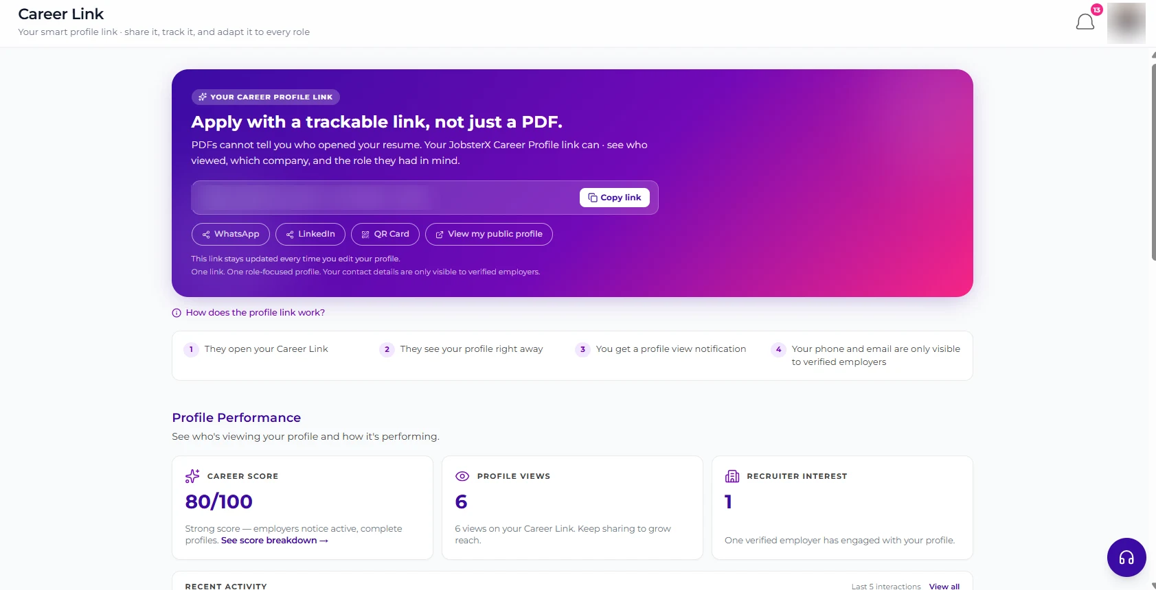 JobsterX Career Link page with trackable profile link and profile performance
